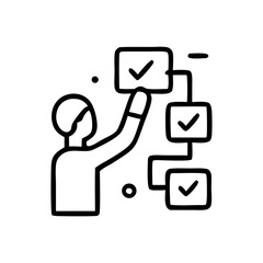 Stylized illustration of a person interacting with a flowchart of tasks marked with checkmarks, symbolizing progress or completion.