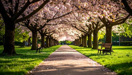 Blooming Cherry Trees Alley in Spring Park