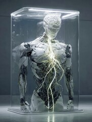 Bio-mechanical Android Suspended In A Transparent Tank With Nutrient Rich Fluid And Glowing Energy