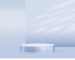 Minimalist light blue cosmetic product mockup scene with a round glass podium and soft natural shadows, perfect for showcasing skincare or beauty packaging design.