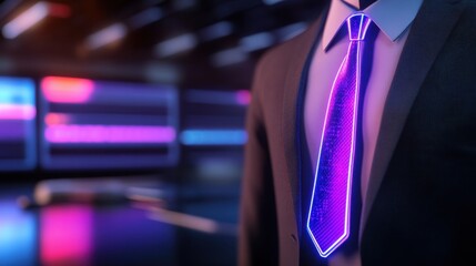 Executive figure with holographic tie interface in neon, glowing in a digital workspace