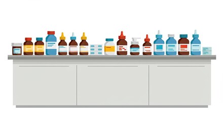Illustration of various medicine bottles arranged on a pharmacy or laboratory counter