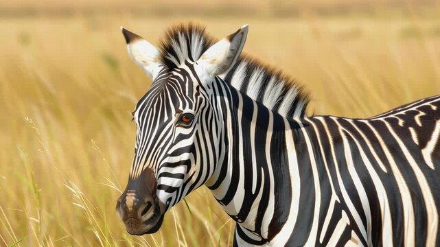 A zebra is standing in a field of tall grass. The zebra is looking directly at the camera, and its stripes are visible on its face and body. Concept of wildness and freedom