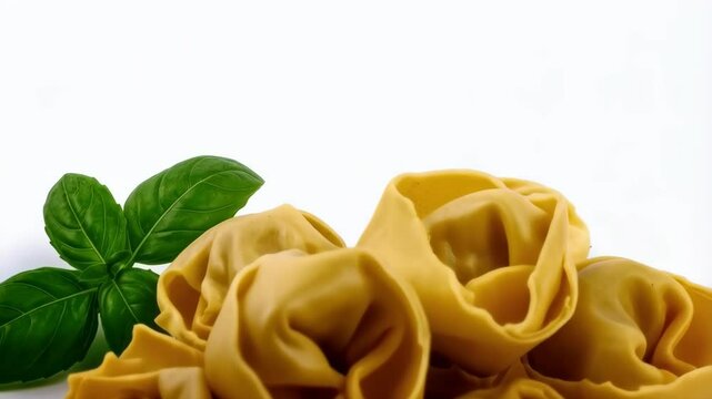 Freshly made tortelloni pasta with basil on white surface. Homemade yellow stuffed pasta ready to be cooked. Italian traditional gastronomy
