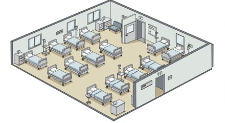 Isometric illustration of a hospital room with multiple beds and medical equipment