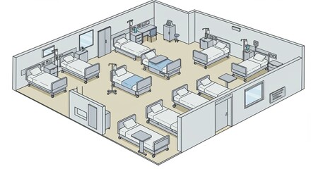 Isometric view of a hospital room with beds, medical equipment, and windows