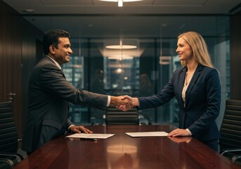 Business Professionals Shaking Hands In A Modern Conference Room With Warm Lighting
