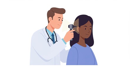 Medical doctor examining a patient's ear using an otoscope during a checkup