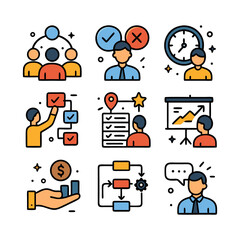 A set of business-related icons depicting teamwork, decision-making, time management, planning, goals, presentation, investment, process, and communication.