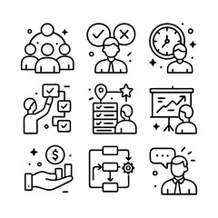 Line art icons depicting business concepts, teamwork, and decision-making processes.