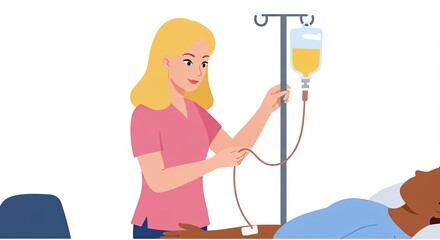 Nurse adjusting IV drip for patient lying in bed in a medical illustration