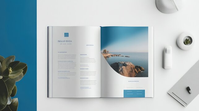 photorealistic proposal brochure layout with blue accents