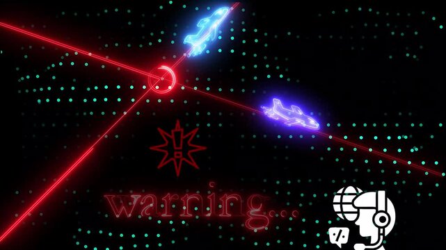 a glowing neon plan crush warning animation video on black background  