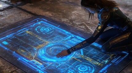 Futuristic Woman Interacting with Holographic Technology Display