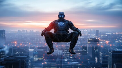 Obraz premium Futuristic Cybernetic Character Suspended Above Urban Cityscape