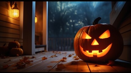 A carved Halloween pumpkin with a glowing, scary face creates a spooky autumn decoration for a dark October night