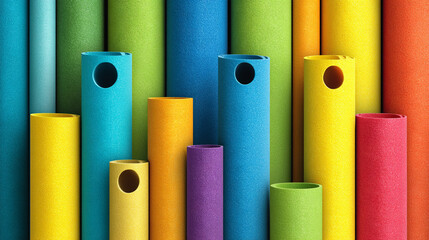 Brightly colored textured cylinders stand tall in a captivating abstract arrangement showcasing a spectrum of hues.