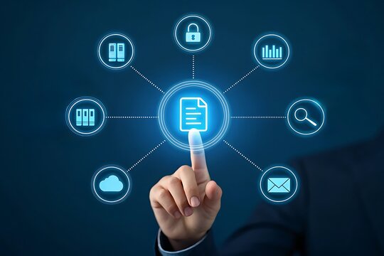 Hand interacting with a digital network of icons representing data and services
