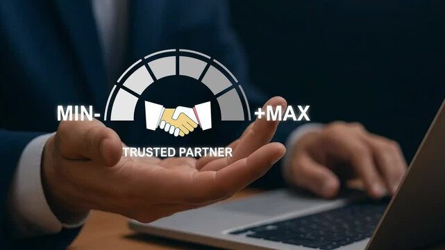 Trusted Partner and Business Collaboration Concept. Businessman holding glowing handshake icon with a trust level gauge, business partnership, reliability, Trustworthy 4k, video clip