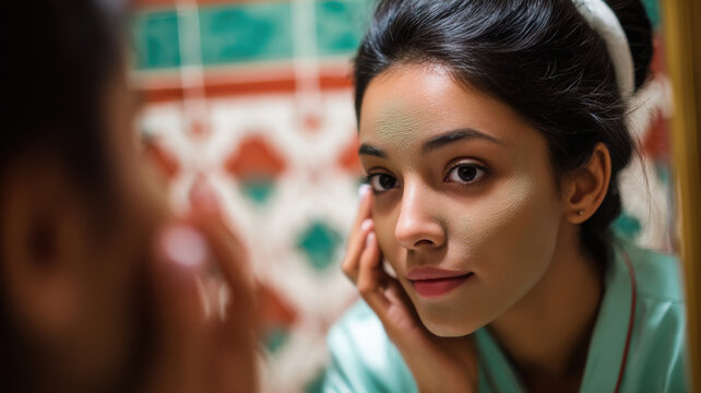 indian woman applying multani mitti face pack