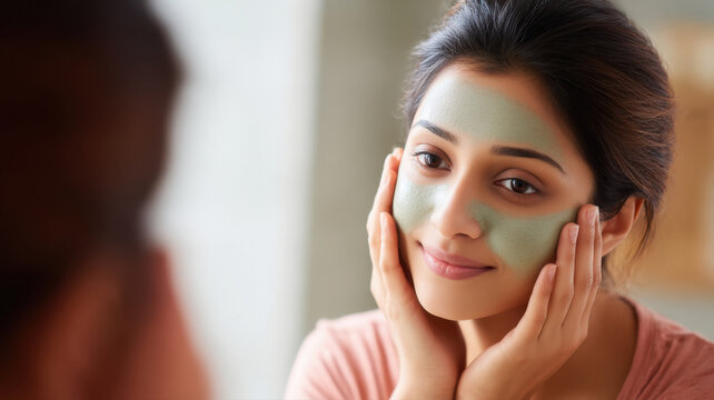 indian woman applying multani mitti face pack