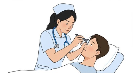 Nurse examining patient's eye with a flashlight in a medical illustration scene