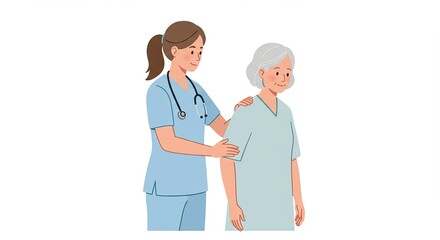 Nurse helping elderly woman walk, showing care and support in a medical setting