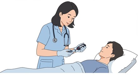 Nurse Taking a Blood Glucose Reading from a Patient Lying in a Hospital Bed