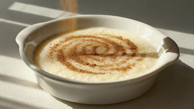 Arroz doce, Brazilian rice pudding, Creamy dessert with cinnamon sprinkled on top, Soft whites and browns, Warm soft lighting, Sweet and comforting
