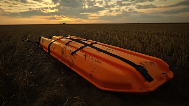 Orange Rescue Sled on Dried Soil at Sunset in Open Field