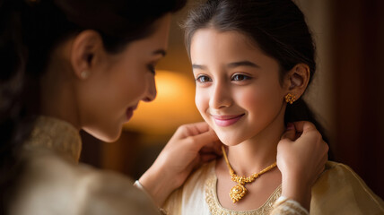 mother wearing gold necklace to daughter