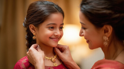 mother wearing gold necklace to daughter