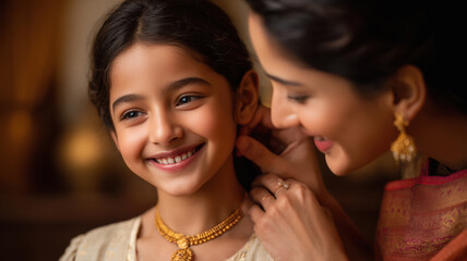 mother wearing gold necklace to daughter
