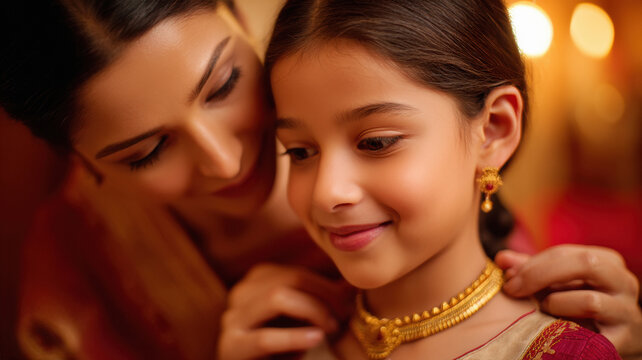 mother wearing gold necklace to daughter