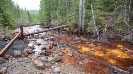 Obraz premium Damaged roadside stream channel with reddish-brown water.
