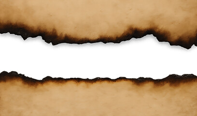 Realistic burnt paper edge with a charred, ripped texture. A vintage grunge frame and overlay element isolated on a transparent background for easy use in any design. PNG, Cutout.