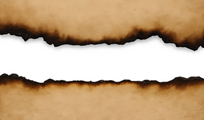 Realistic burnt paper edge with a charred, ripped texture. A vintage grunge frame and overlay element isolated on a transparent background for easy use in any design. PNG, Cutout.