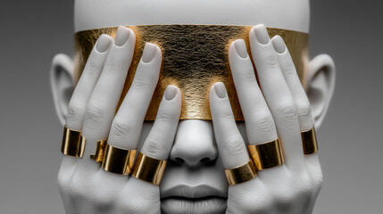 Mysterious white figure adorned with gold, hands gracefully covering the eyes in a symbolic gesture.
