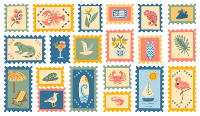 Hand-drawn collection of summer-themed stamps in vintage design. Features tropical animals, coastal plants, seafood, fruits, travel-related elements. Ideal for seaside vacation projects, packaging.