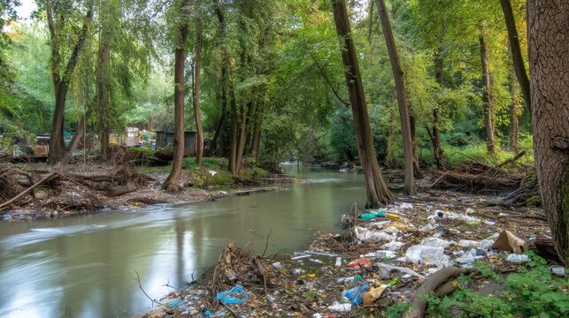 Polluted river flowing through a wooded riparian area.