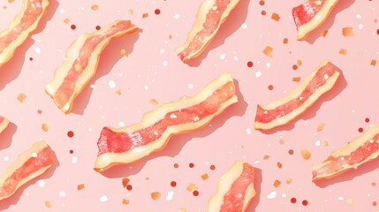 Crispy bacon strips scattered on pink background with sprinkles.
