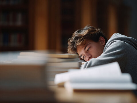 Exhausted student rests his head on books in a library. Represents academic stress, burnout, and the pressures of education. Perfect for articles or campaigns focused on student wellness.