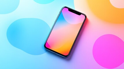 Smartphone with vibrant gradient screen on colorful background.