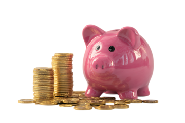 Pink piggy bank with stacks of gold coins