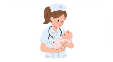 A caring nurse holding a newborn baby with a sweet smile in a cartoon illustration
