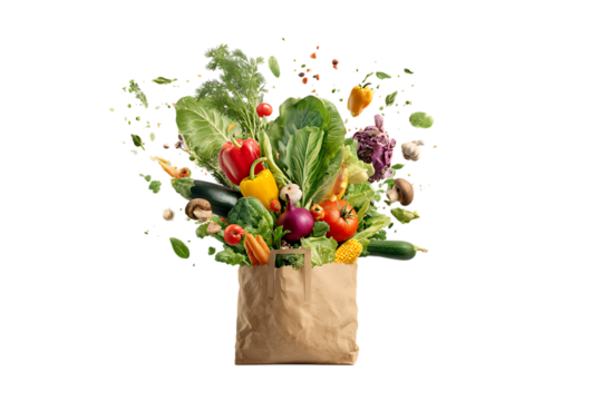 Fresh vegetables bursting from a paper bag