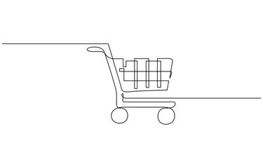 One continuous line drawing of shopping cart. Online shop purchase and supermarket symbol, One line drawing illustration of international shopping day. Trolley, Online shopping
