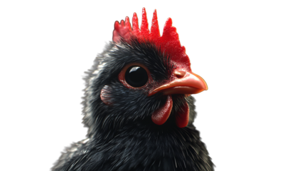 An elegant black chicken with a bright red comb poses regally against a pitch black backdrop on transparent background