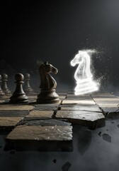 Ghostly Light-Colored Piece on a Dimly Lit Game Board with Shadows and Dust Particles