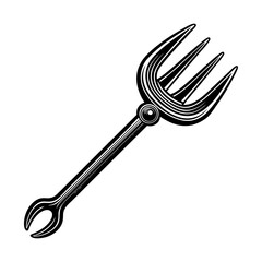 Stylized black and white illustration of a trident with a decorative handle and a unique fork like end on a white background